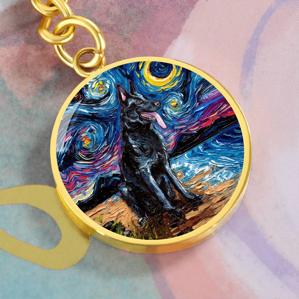 Black German Shepherd Starry Night Round Keychain