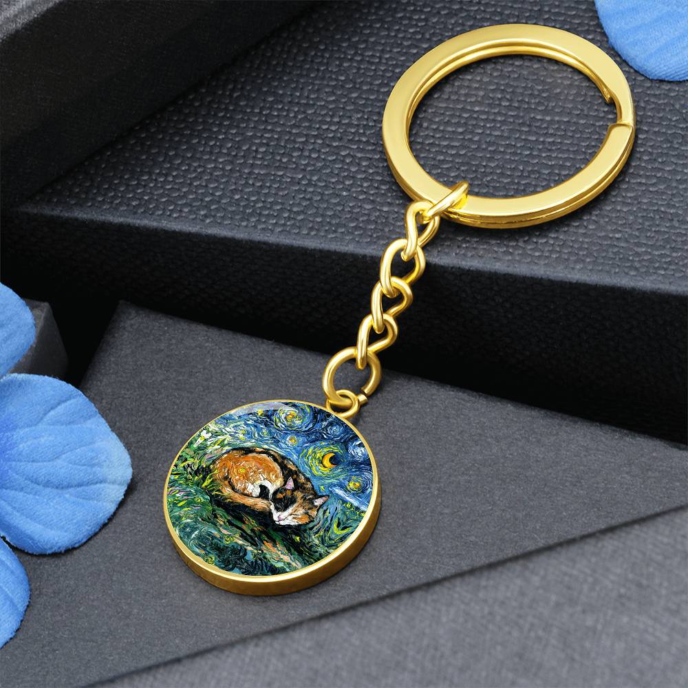 Sleeping Calico Cat Starry Night Round Keychain