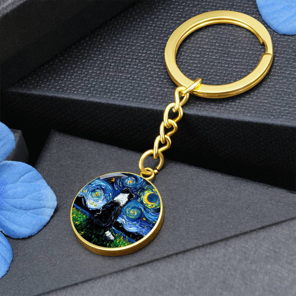 Border Collie Back Starry Night Round Keychain