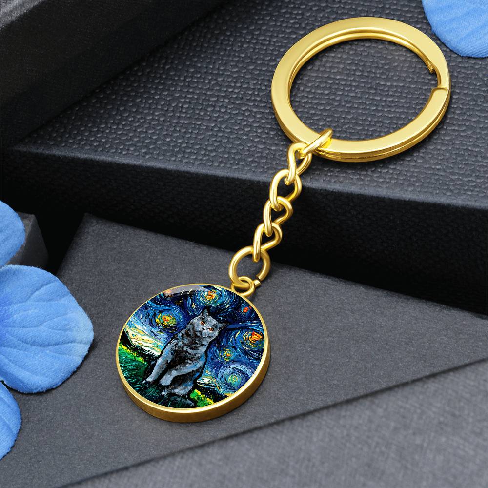 Blue British Shorthair Starry Night Round Keychain