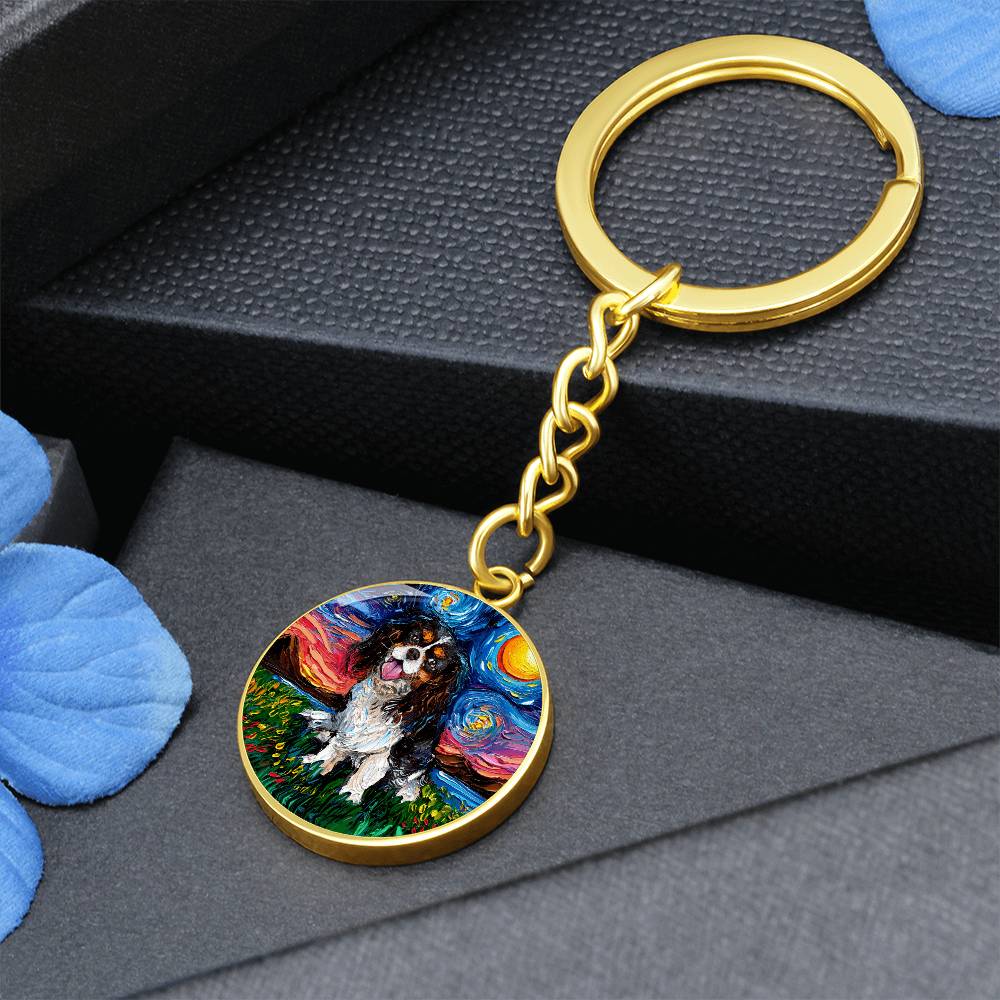 Tri Color Cavalier King Charles Spaniel Starry Night Round Keychain