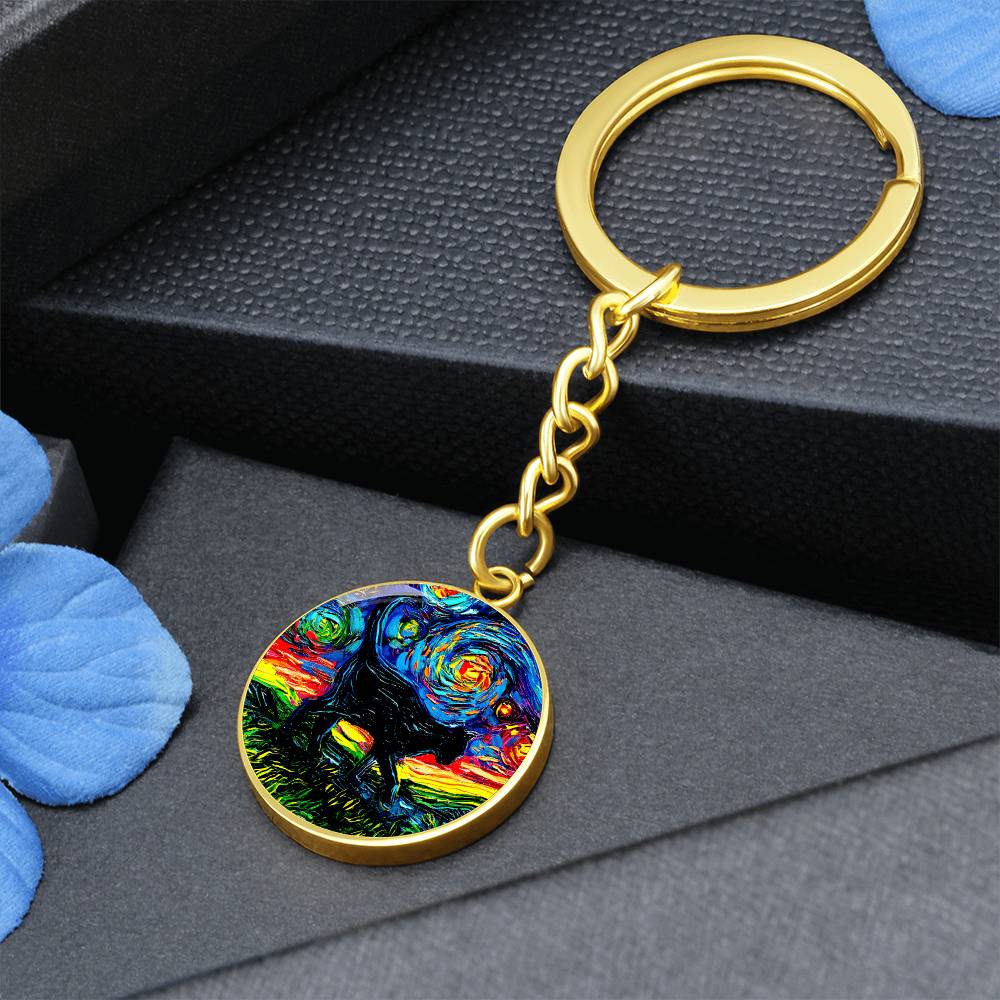 Black Cat Silhouette Starry Night Round Keychain