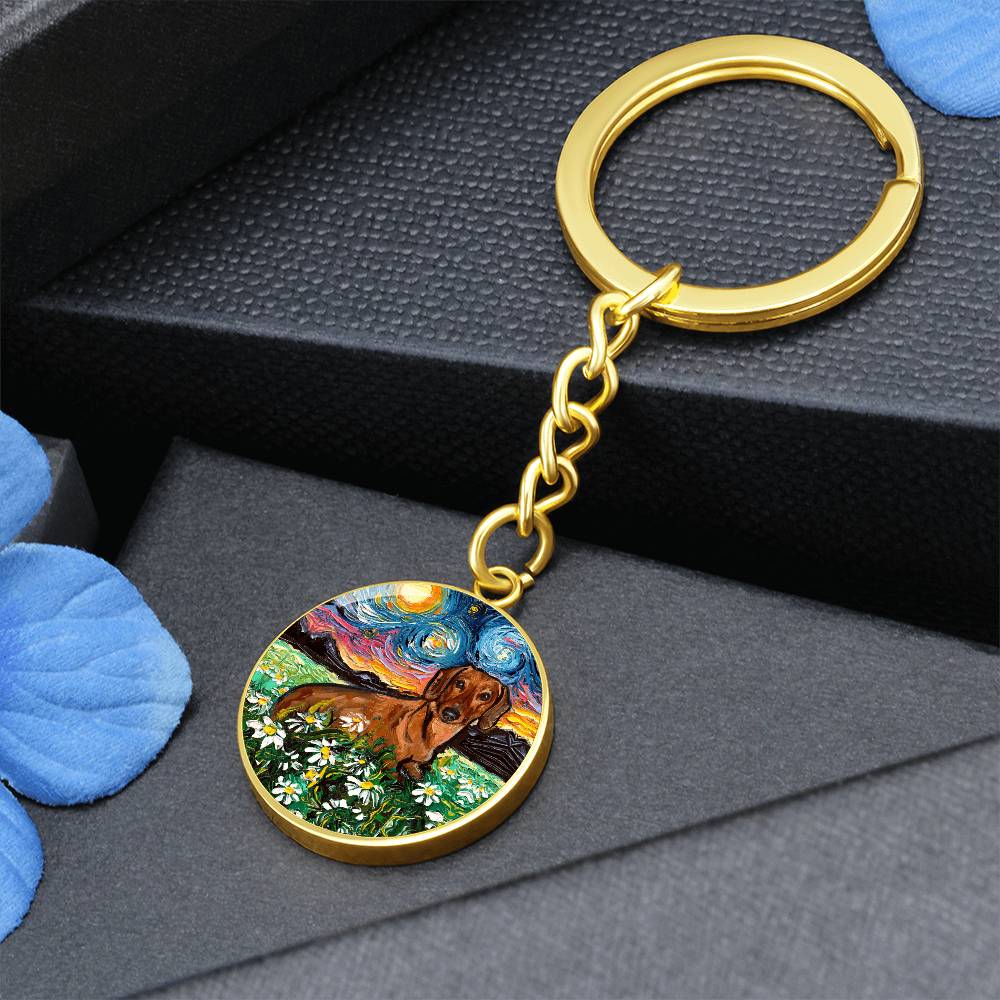 Brown Dachshund and Flowers Round Keychain