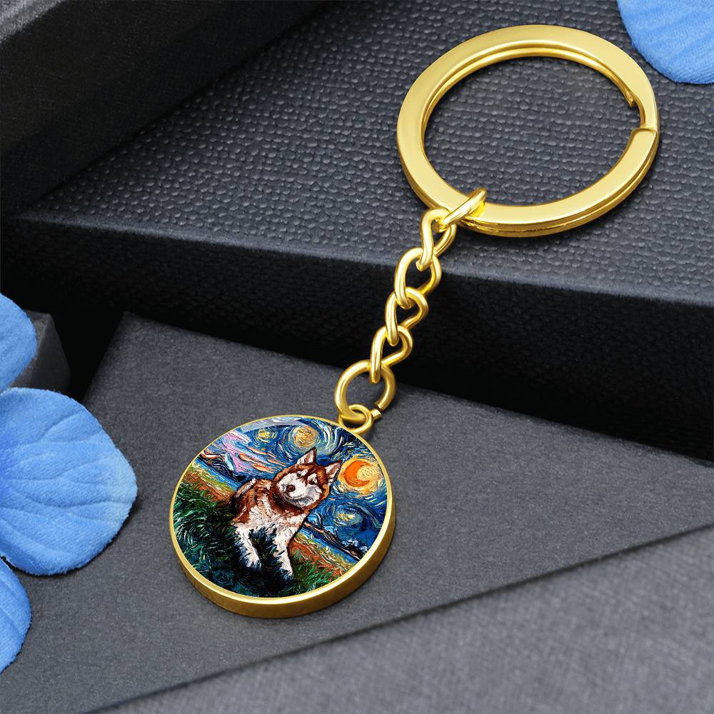 Red Husky Starry Night Round Keychain