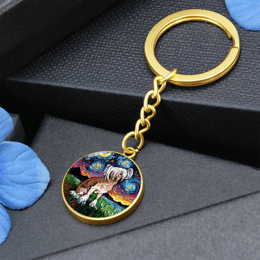 Chinese Crested Starry Night Round Keychain