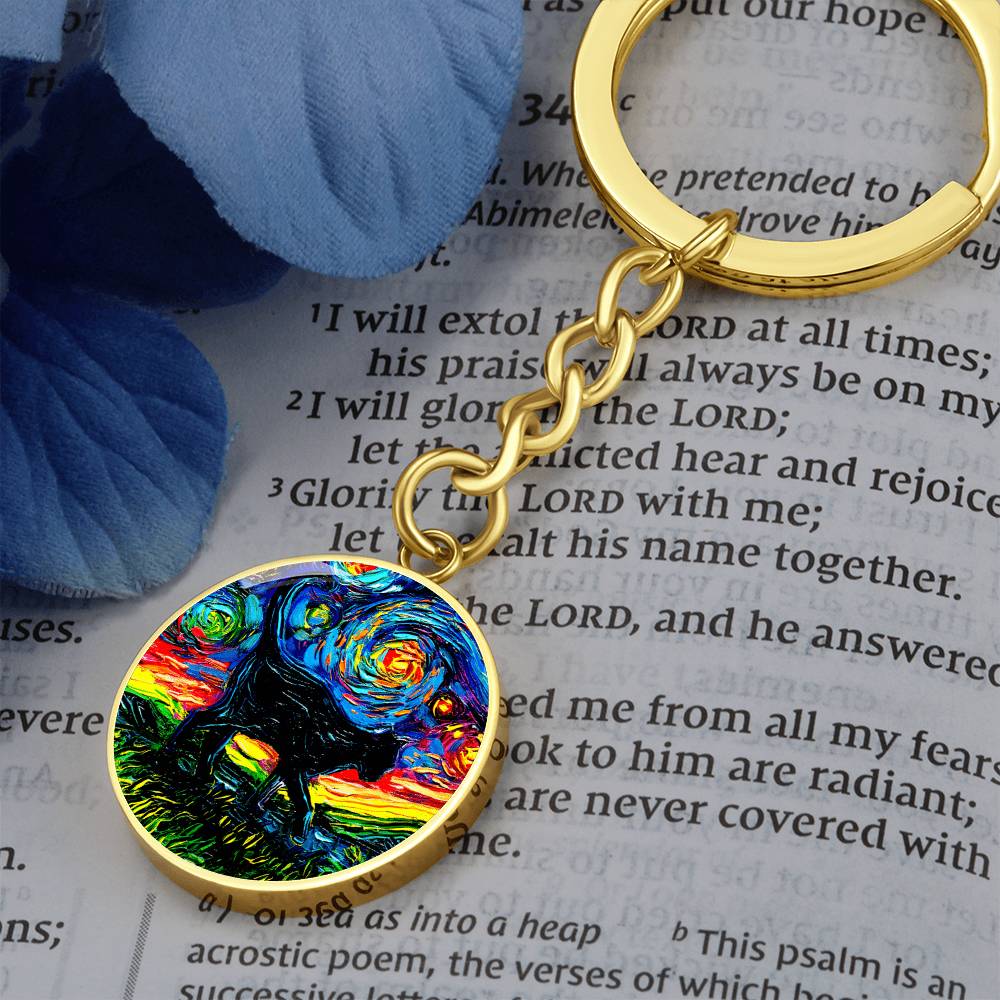 Black Cat Silhouette Starry Night Round Keychain