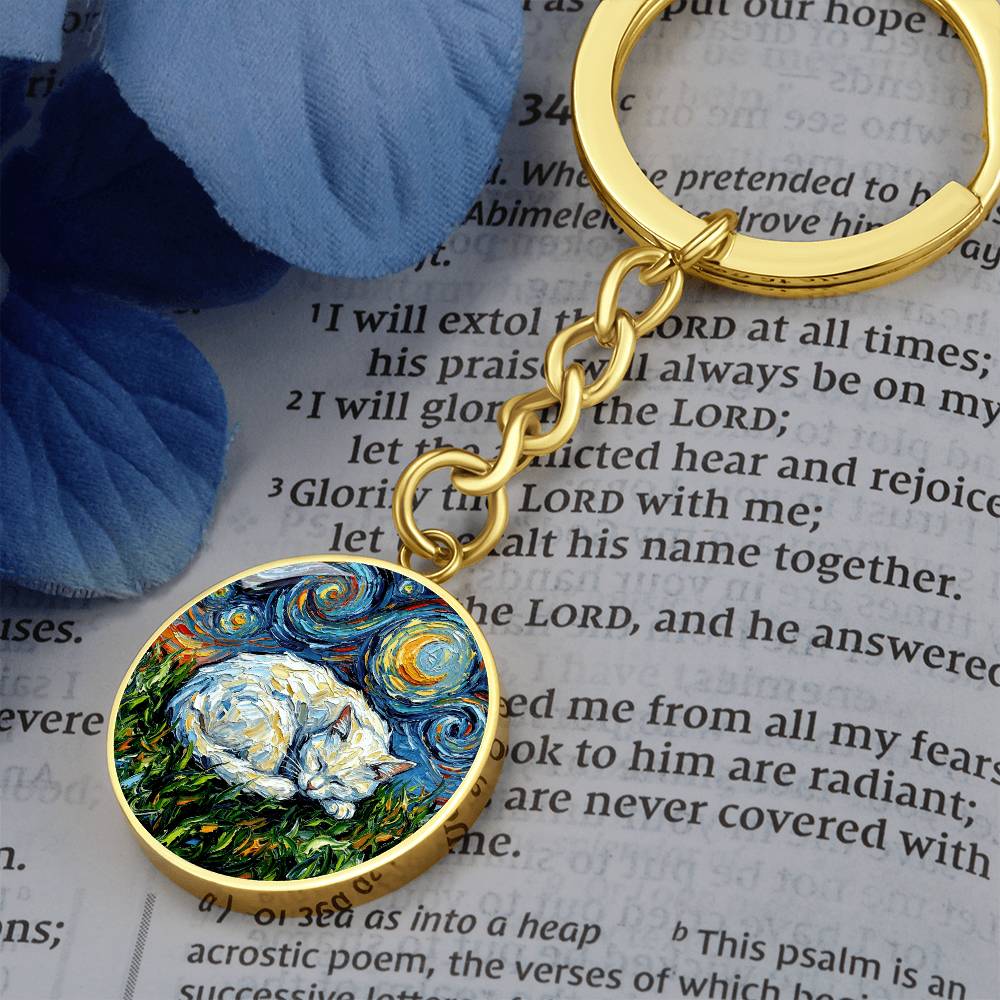 Sleepy White Cat Night Round Keychain