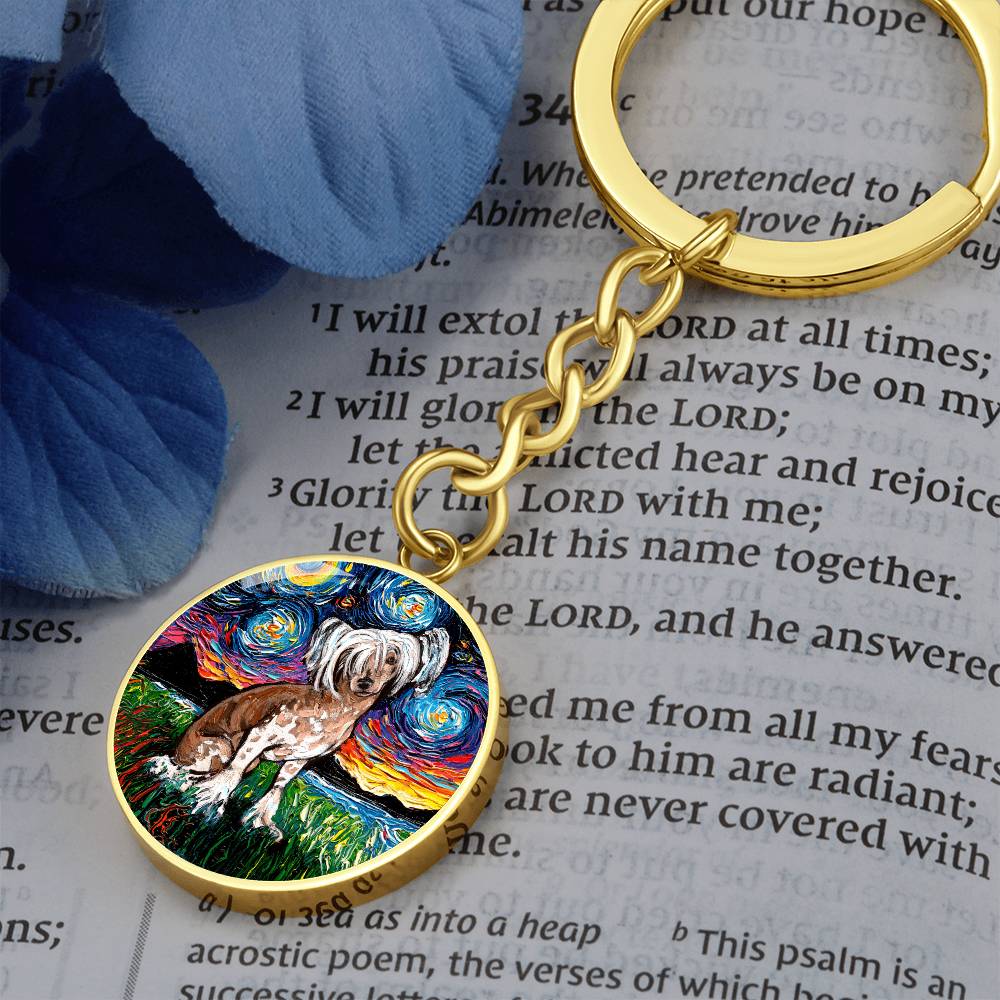 Chinese Crested Starry Night Round Keychain