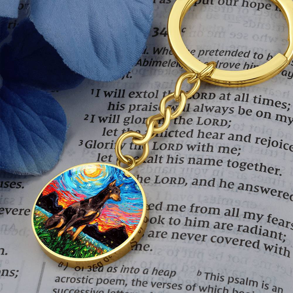Red Doberman Starry Night Round Keychain