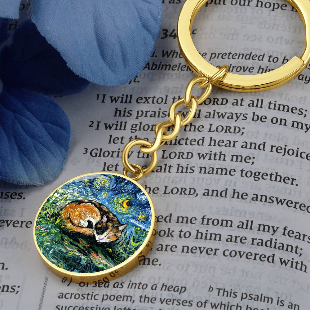 Sleeping Calico Cat Starry Night Round Keychain