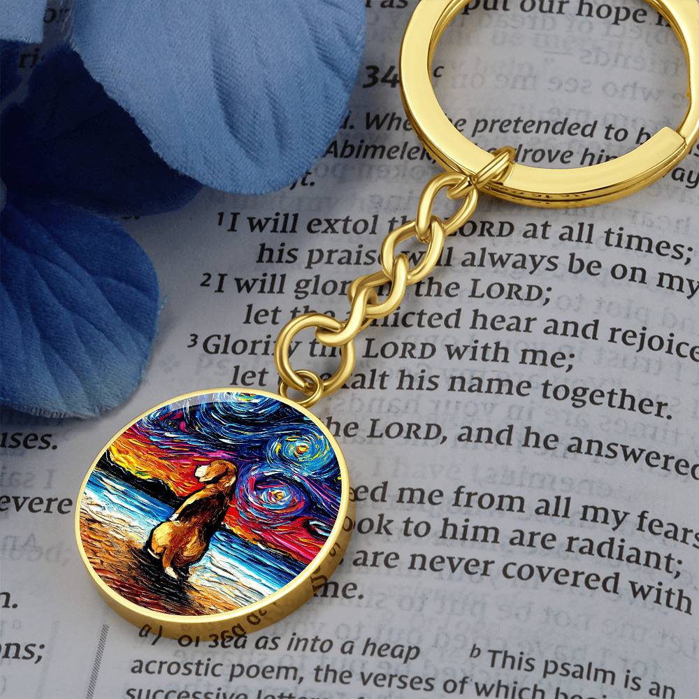 Beagle at the Beach Starry Night Round Keychain