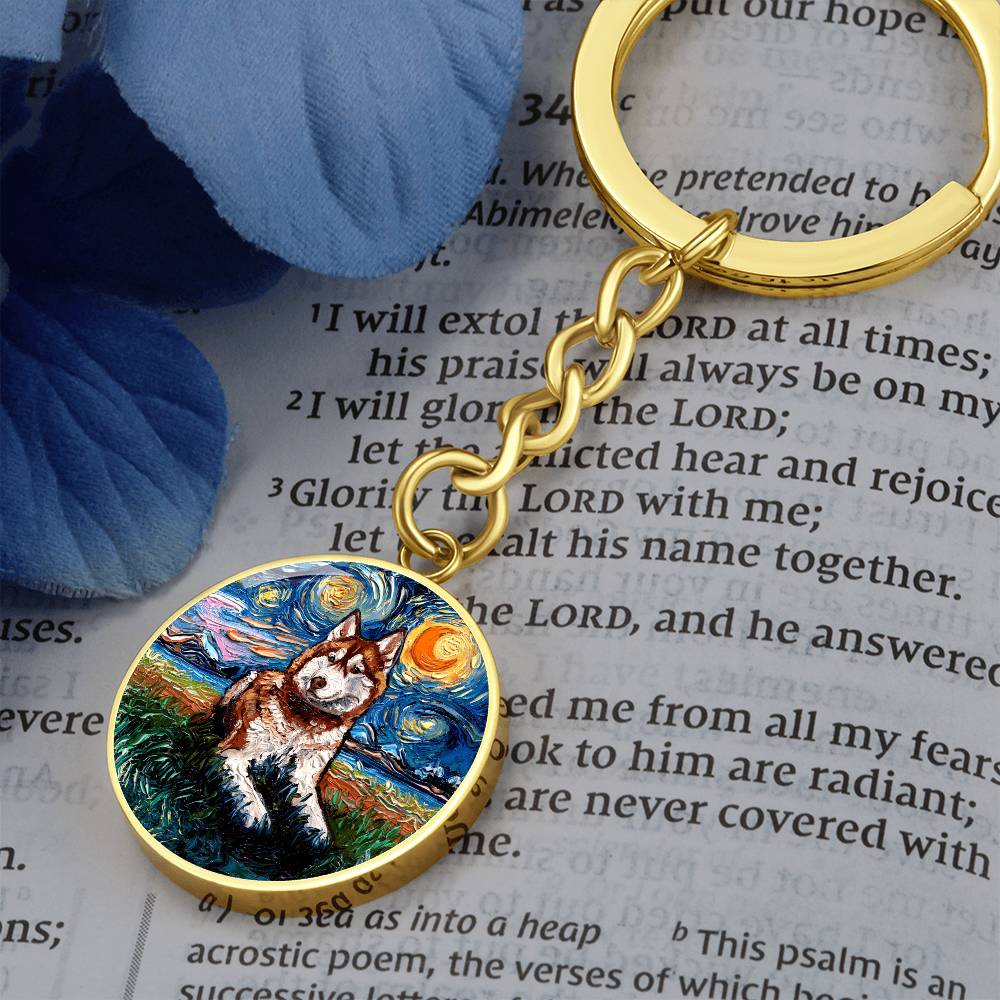 Red Husky Starry Night Round Keychain