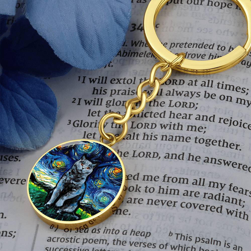Blue British Shorthair Starry Night Round Keychain