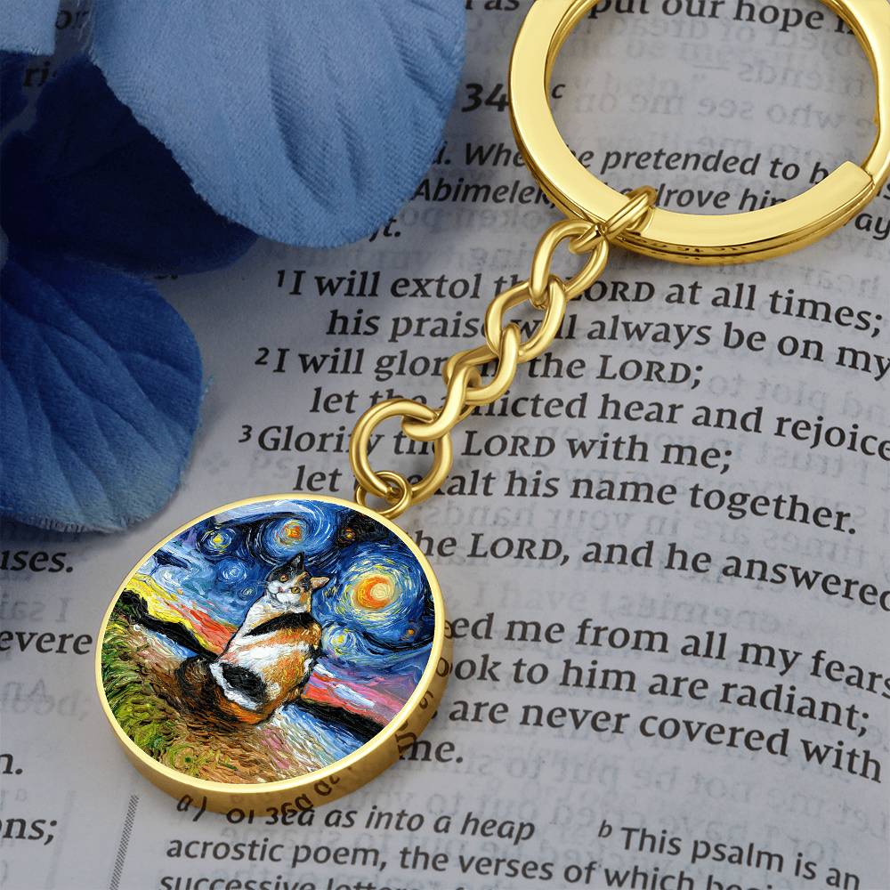 Calico Cat Starry Night Round Keychain