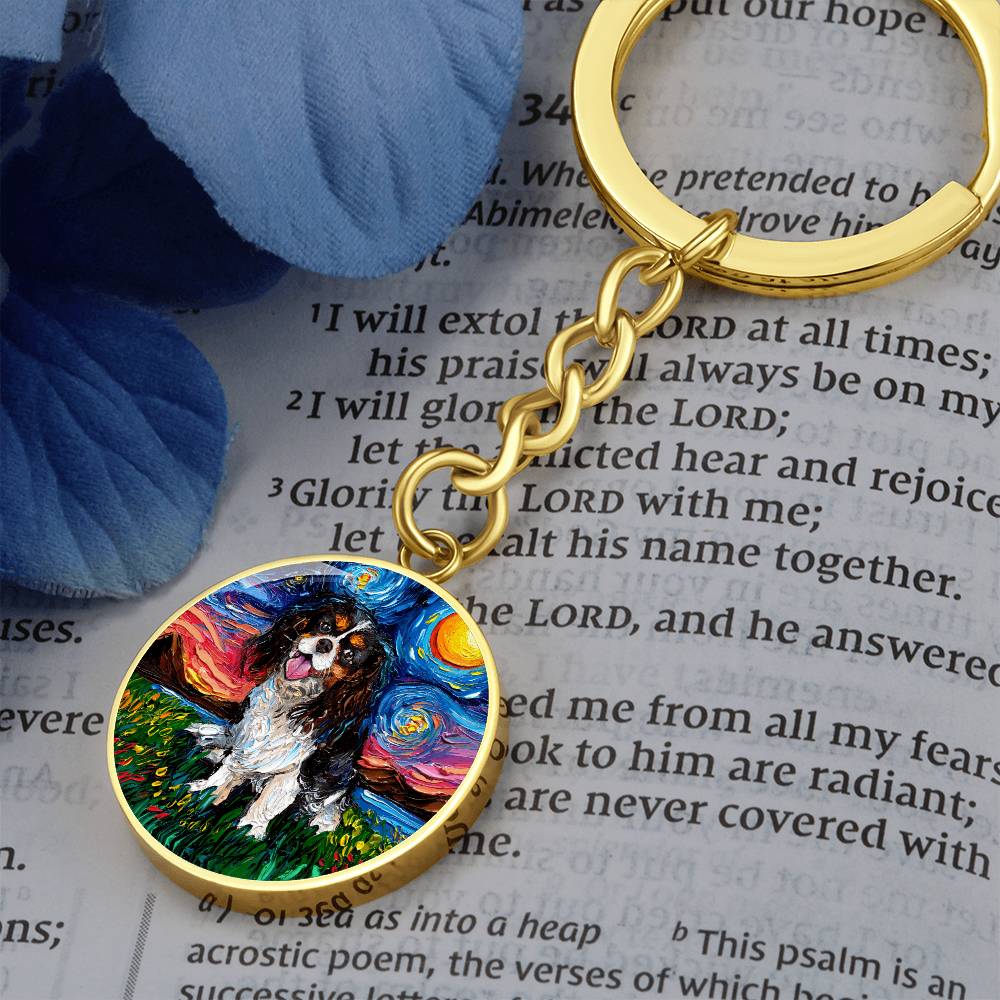 Tri Color Cavalier King Charles Spaniel Starry Night Round Keychain