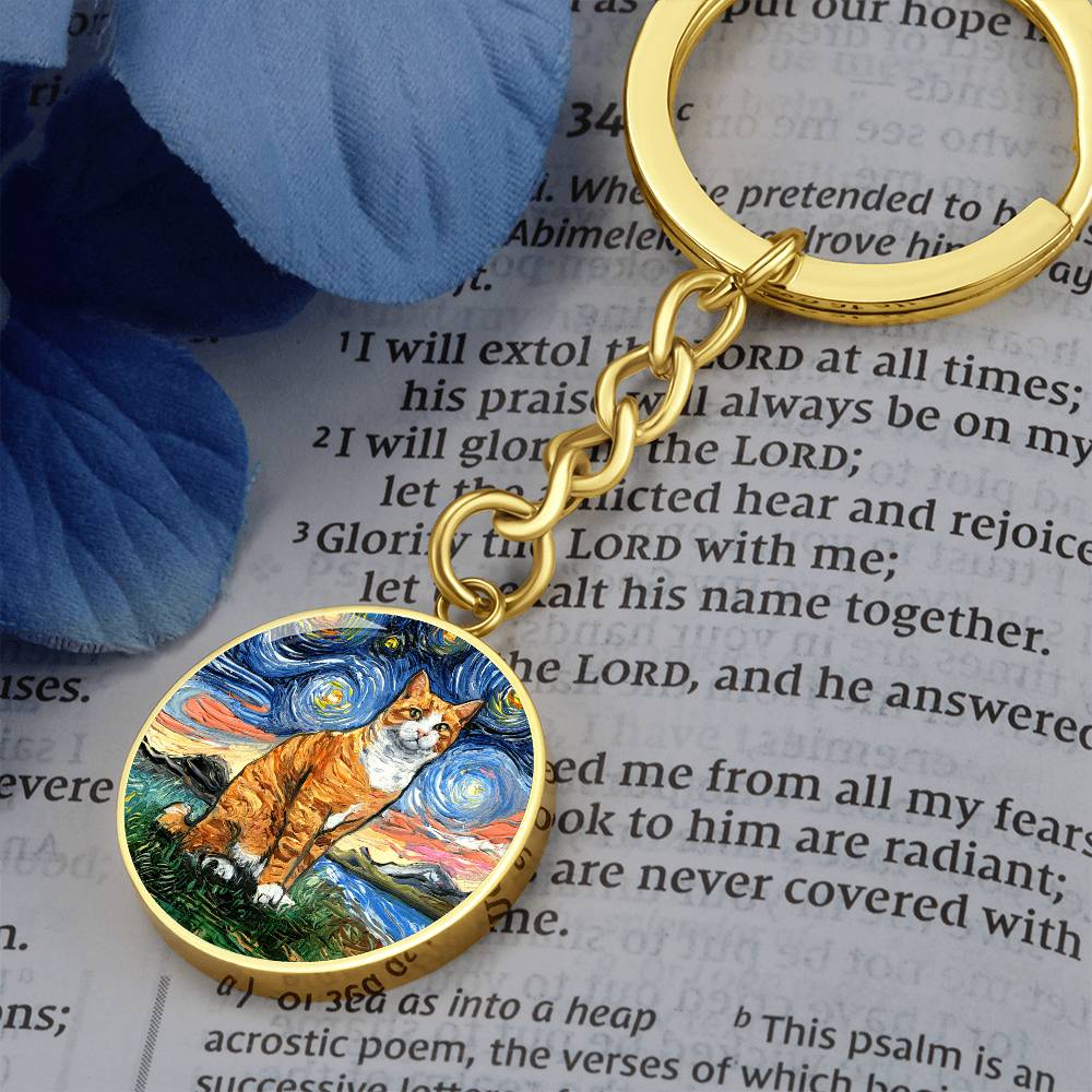 Orange and White Tabby Starry Night Round Keychain