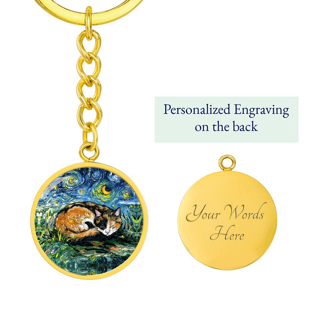 Sleeping Calico Cat Starry Night Round Keychain