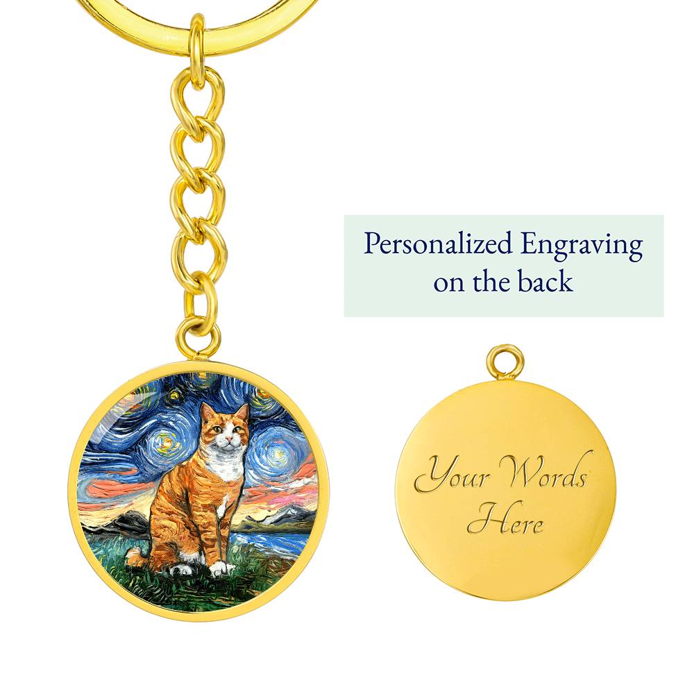 Orange and White Tabby Starry Night Round Keychain