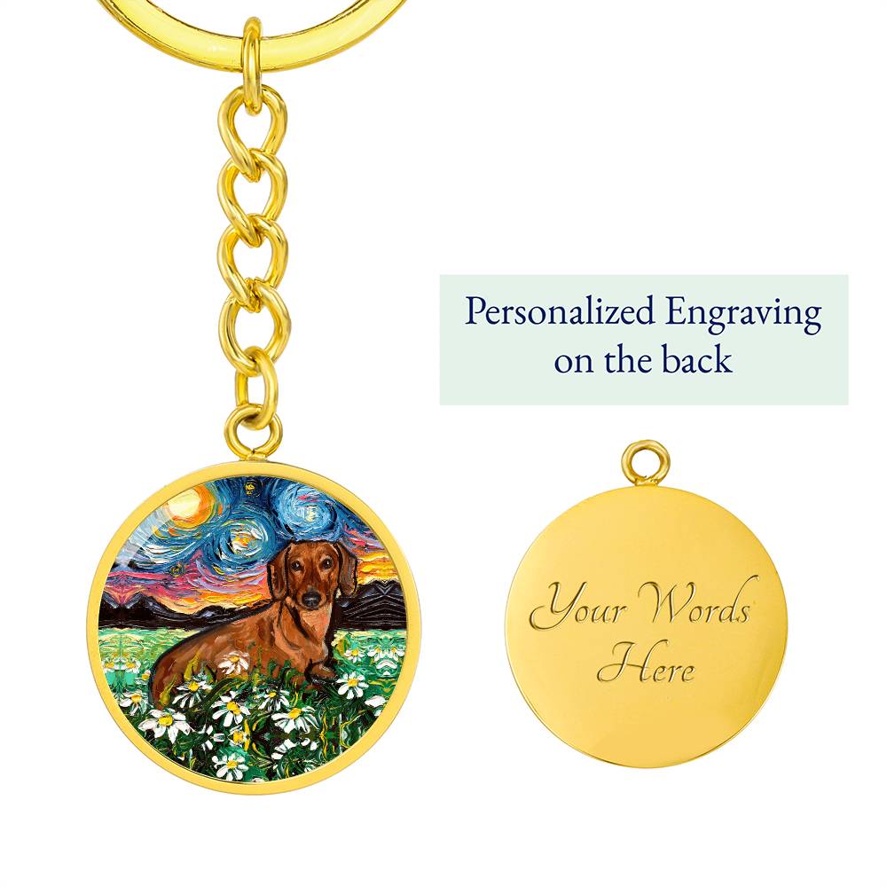 Brown Dachshund and Flowers Round Keychain