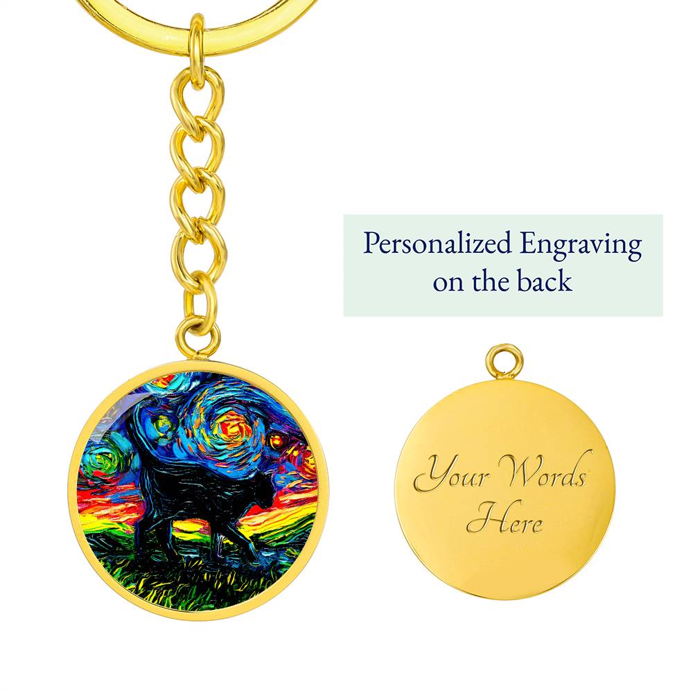 Black Cat Silhouette Starry Night Round Keychain