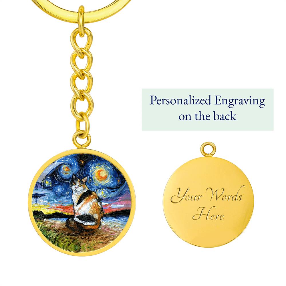 Calico Cat Starry Night Round Keychain