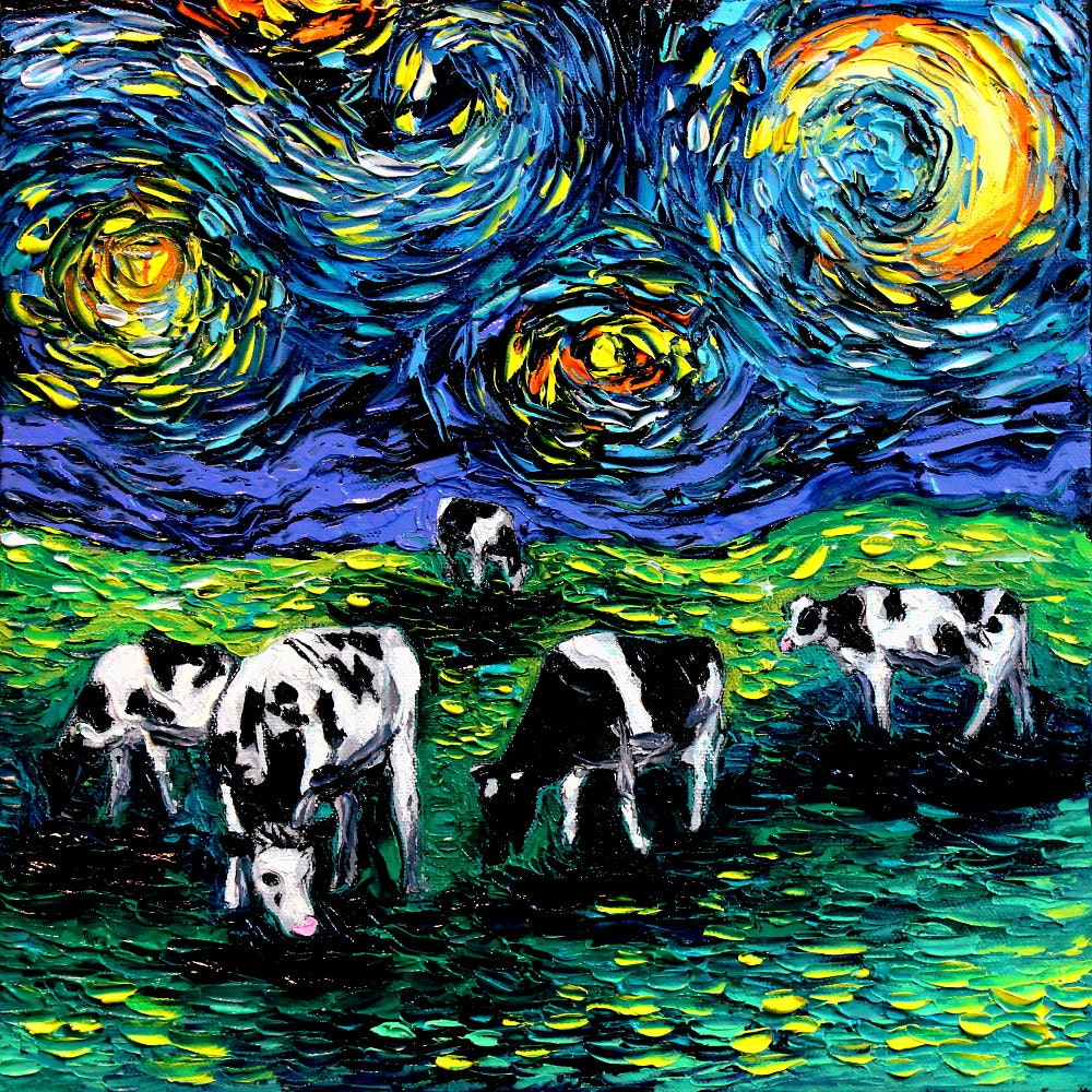 Starry Night Cows CANVAS Art  Cow Art print Starry Starry Pasture Aja choose size Country farm animal farmer midwest decor