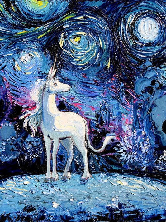 Last Unicorn Art  Starry Night rectangular print van Gogh Never Saw The Last by Aja 9x12 and 18x24 inches choose your size