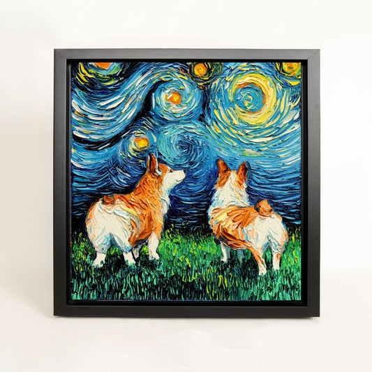 Welsh Corgi Art FRAMED CANVAS print Corgi Night starry night dog artwork Aja 8x8 10x10 12x12 16x16 20x20 24x24, 30x30 choose size