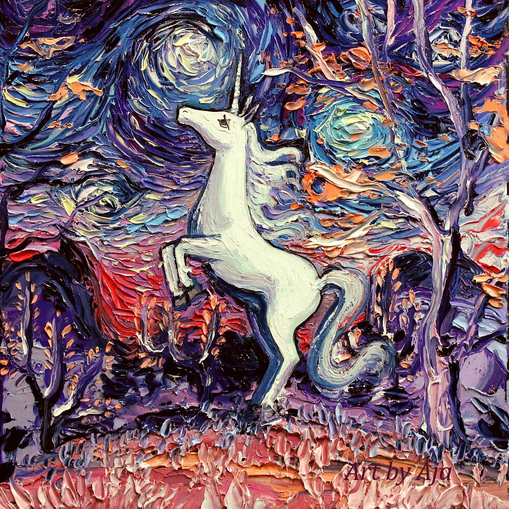 3 print set  Last Unicorn Art  Starry Night by Aja 8x8 10x10 12x12 20x20 and 24x24 inches choose your size