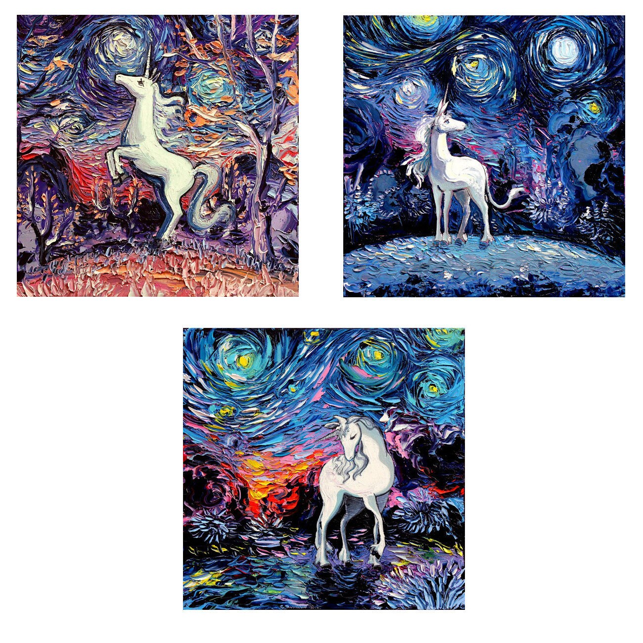 3 print set  Last Unicorn Art  Starry Night by Aja 8x8 10x10 12x12 20x20 and 24x24 inches choose your size