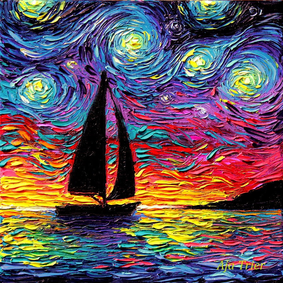 Come Sail Away Sailboat Starry Night Art CANVAS print ocean sunset boat artwork by Aja choose size coastal seascape home decor wall art