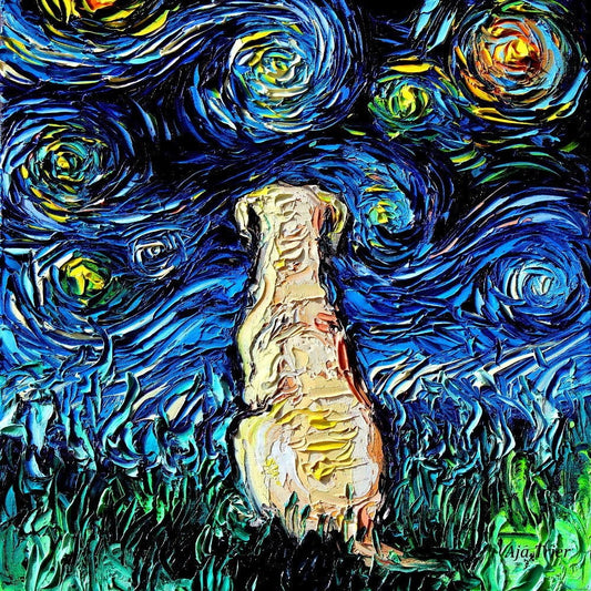 Yellow Labrador Art Starry Night Art Print dog lover gift cute art by Aja 8x8 10x10 12x12 20x20 and 24x24 inches choose size Lab puppy