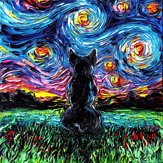 French Bulldog Art Starry Night Art Print dog lover gift cute art by Aja pup puppy Dog silhouette in landscape wall artwork home decor