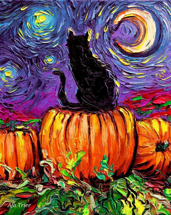 8x10 Black Cat Pumpkin Patch Starry Night Art Print Seasonal Autumn Wall Artwork Cat Lover Gift Halloween Decoration Pet Mom Fall Home Decor