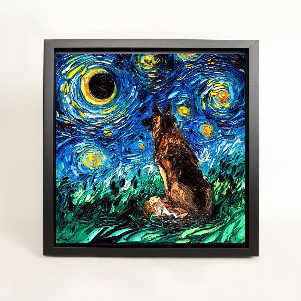German Shepherd Art FRAMED CANVAS print starry night dog artwork Aja 8x8 10x10 12x12 16x16 20x20 24x24, 30x30 choose size