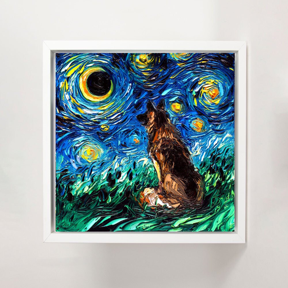 German Shepherd Art FRAMED CANVAS print starry night dog artwork Aja 8x8 10x10 12x12 16x16 20x20 24x24, 30x30 choose size