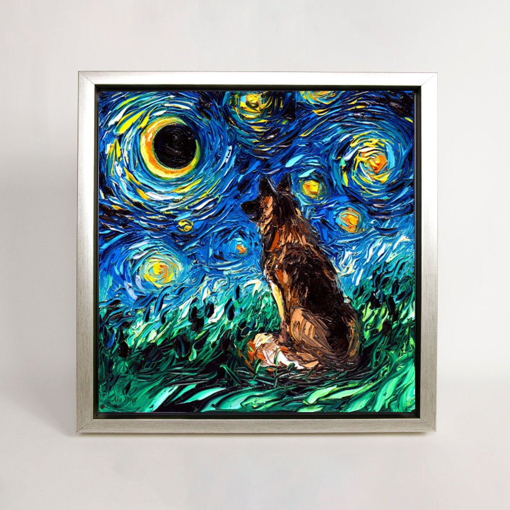 German Shepherd Art FRAMED CANVAS print starry night dog artwork Aja 8x8 10x10 12x12 16x16 20x20 24x24, 30x30 choose size