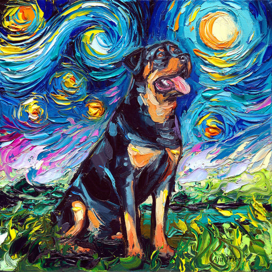 Sitting Rottweiler Art Starry Night Art Print dog art by Aja choose size and type of paper pet owner pup artwork