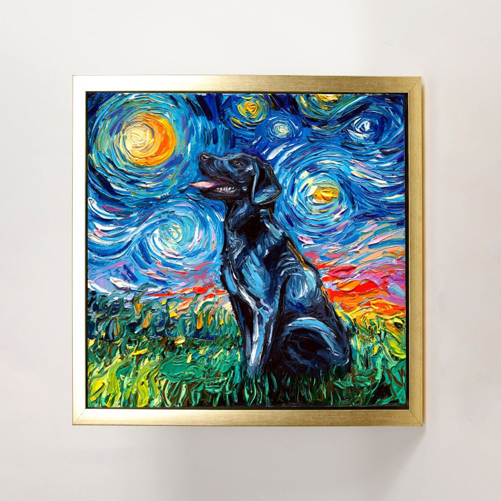 Black Labrador Art FRAMED CANVAS print starry night dog artwork Aja 8x8 10x10 12x12 16x16 20x20 24x24, 30x30 choose size black lab