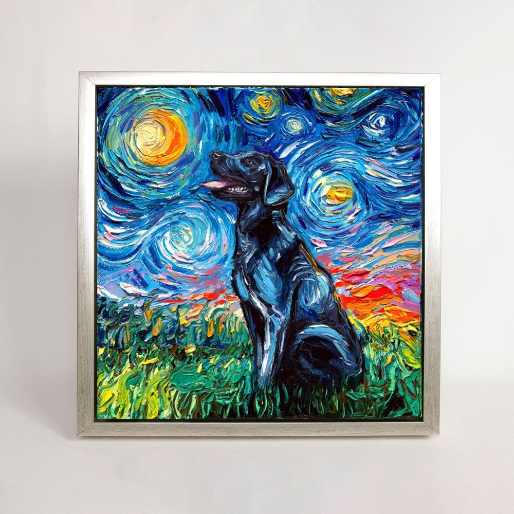 Black Labrador Art FRAMED CANVAS print starry night dog artwork Aja 8x8 10x10 12x12 16x16 20x20 24x24, 30x30 choose size black lab