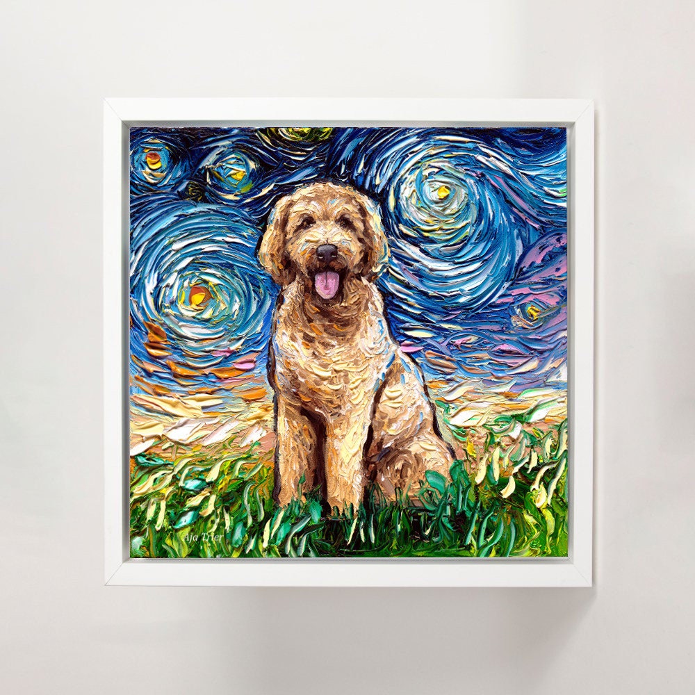 Goldendoodle Art FRAMED CANVAS print Starry Night dog artwork Aja 8x8 10x10 12x12 16x16 20x20 24x24, 30x30 choose size