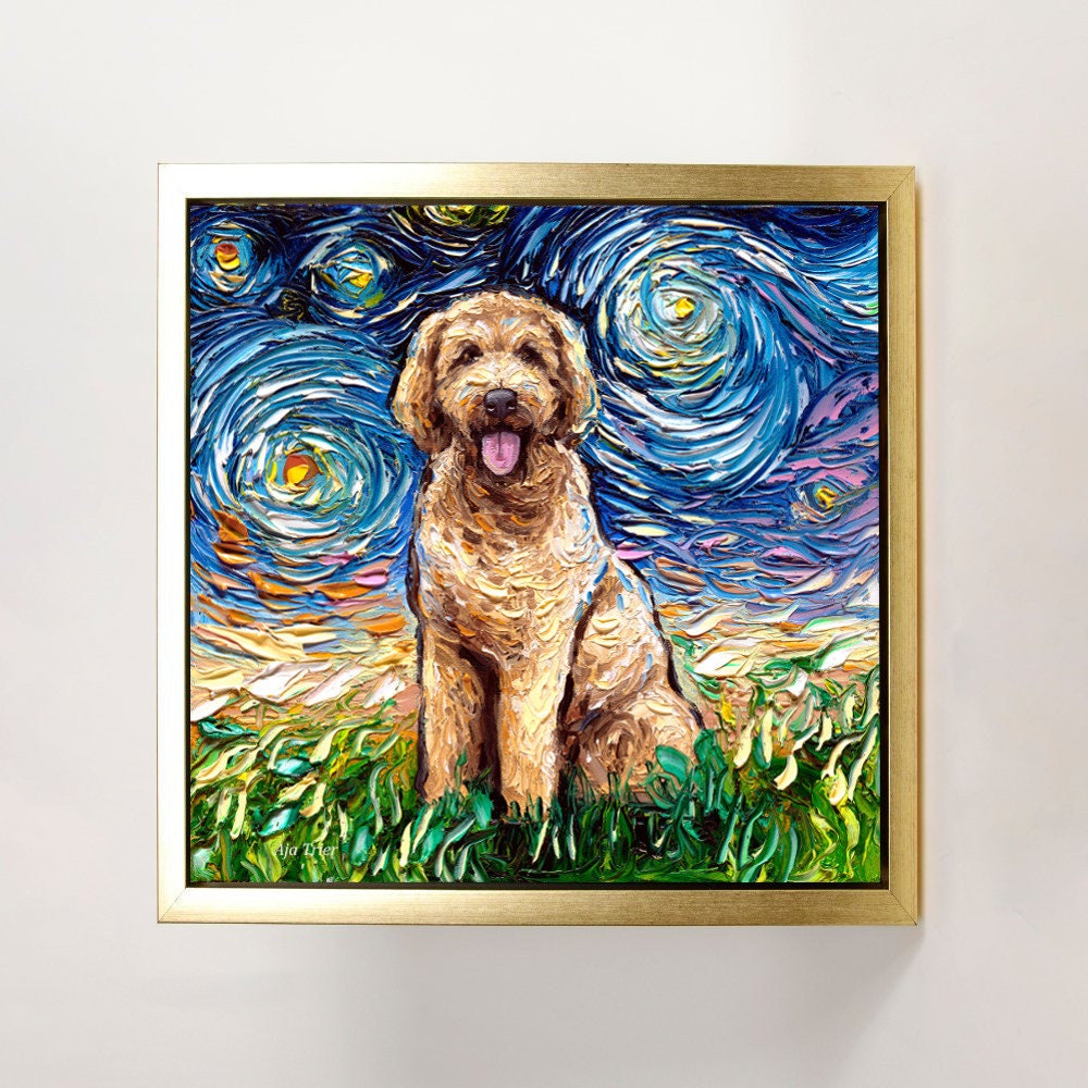 Goldendoodle Art FRAMED CANVAS print Starry Night dog artwork Aja 8x8 10x10 12x12 16x16 20x20 24x24, 30x30 choose size