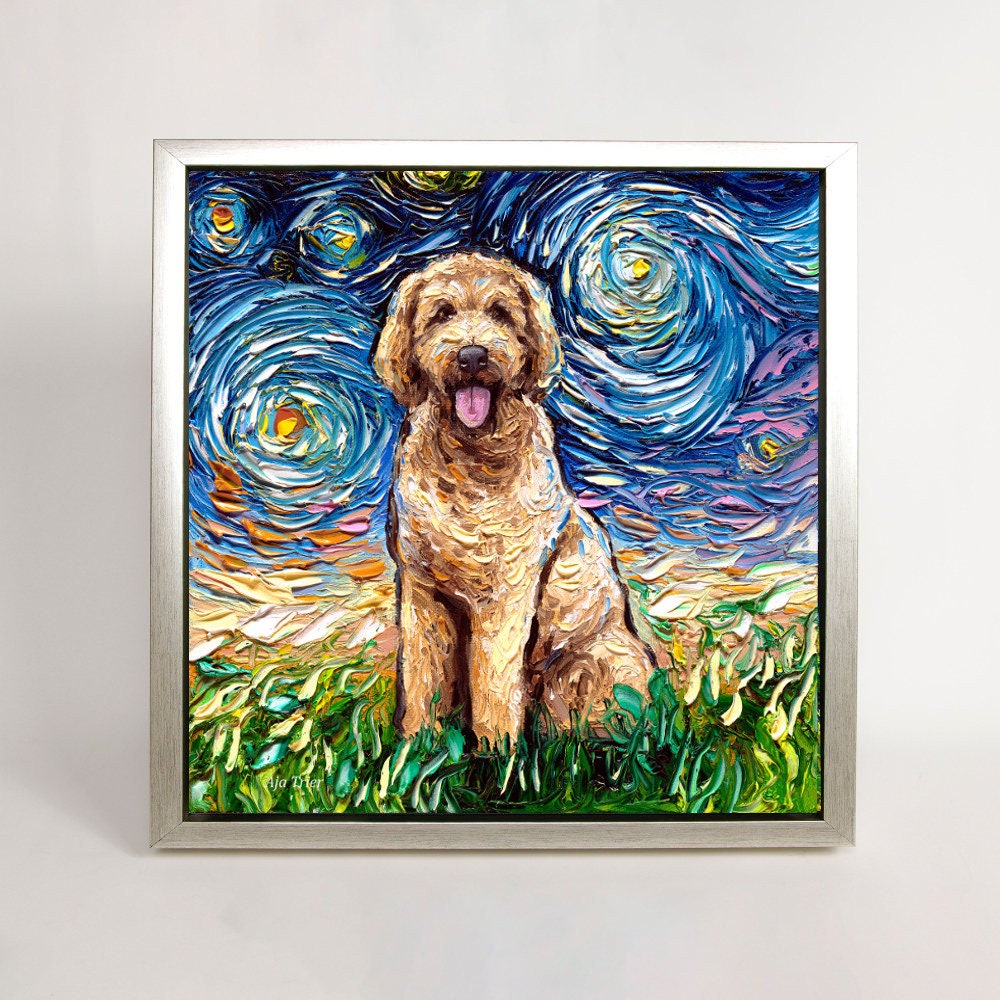 Goldendoodle Art FRAMED CANVAS print Starry Night dog artwork Aja 8x8 10x10 12x12 16x16 20x20 24x24, 30x30 choose size