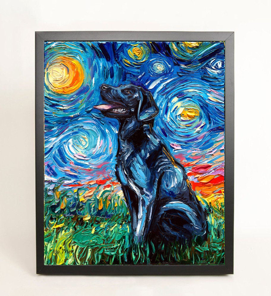 Ready to hang Art Black Labrador Dog Black Frame CANVAS print Starry Night art by Aja home decor 8x10 11x14 16x20 20x24 24x30 30x38