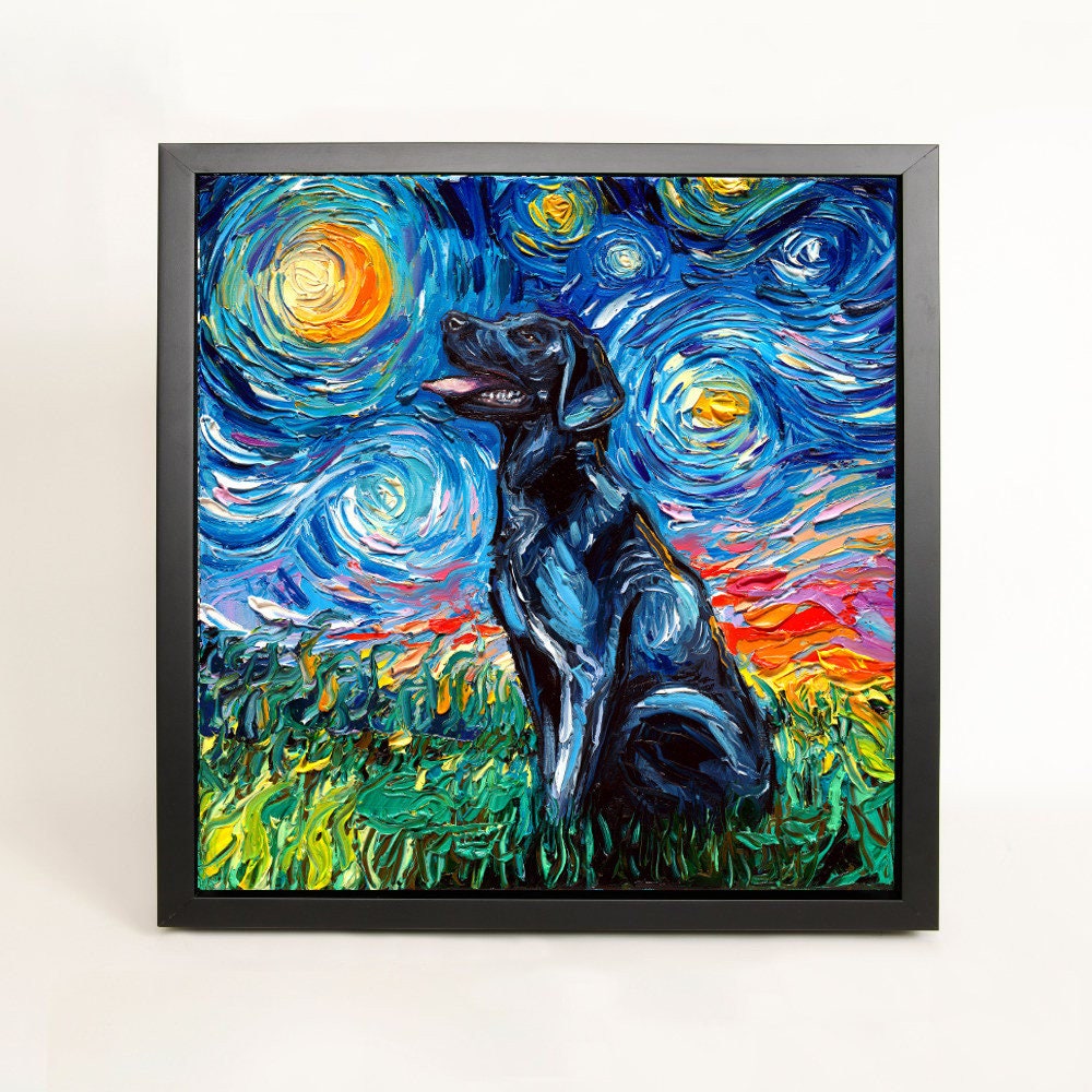 Black Labrador Art FRAMED CANVAS print starry night dog artwork Aja 8x8 10x10 12x12 16x16 20x20 24x24, 30x30 choose size black lab