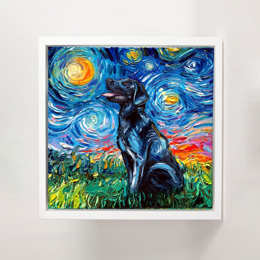Black Labrador Art FRAMED CANVAS print starry night dog artwork Aja 8x8 10x10 12x12 16x16 20x20 24x24, 30x30 choose size black lab