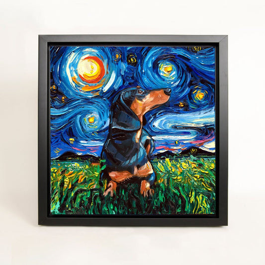 Black and Tan Short haired Dachshund Art FRAMED CANVAS print starry night dog Aja 8x8 10x10 12x12 16x16 20x20 24x24, 30x30 choose size