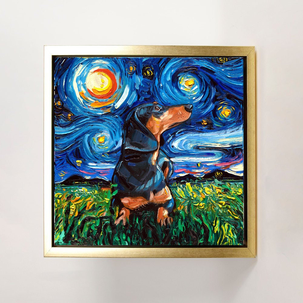 Black and Tan Short haired Dachshund Art FRAMED CANVAS print starry night dog Aja 8x8 10x10 12x12 16x16 20x20 24x24, 30x30 choose size