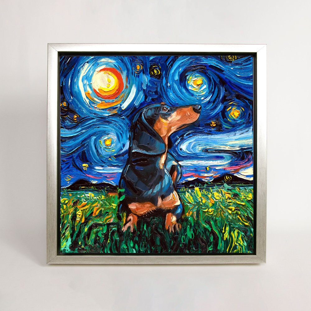 Black and Tan Short haired Dachshund Art FRAMED CANVAS print starry night dog Aja 8x8 10x10 12x12 16x16 20x20 24x24, 30x30 choose size