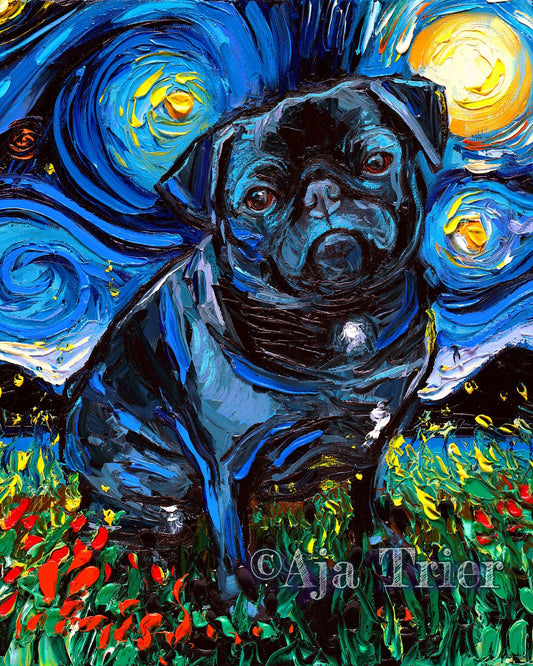 Black Pug Art 8x10 Starry Night Print dog lover gift cute art by Aja pup pet poster wall art decor picture